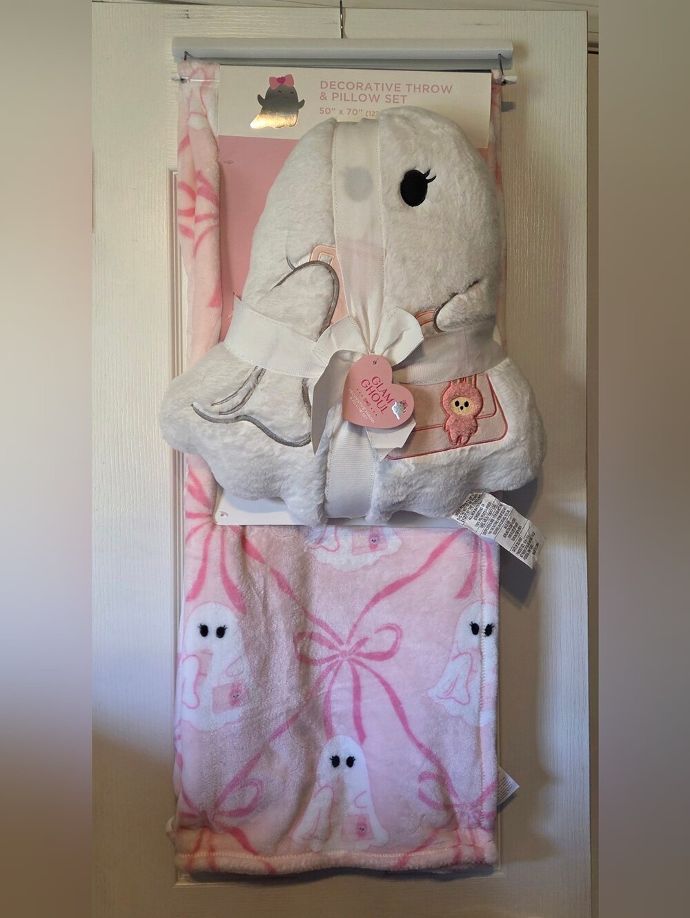 Glam Ghoul Pink & White, Plush Ghost Pillow & Throw Blanket Set